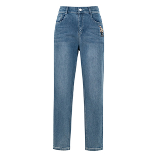 HONRN/红人修身显瘦蓝色松紧腰直筒牛仔裤休闲裤女秋冬HI55OK175