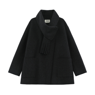 【豫园】高端丝驼绒双面呢极简围巾廓形气质中长款毛呢大衣-7212