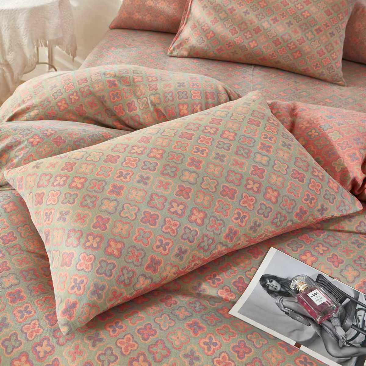 复古高级感a类母婴裸睡全棉色织双层纱四件套四季通用棉柔软床品