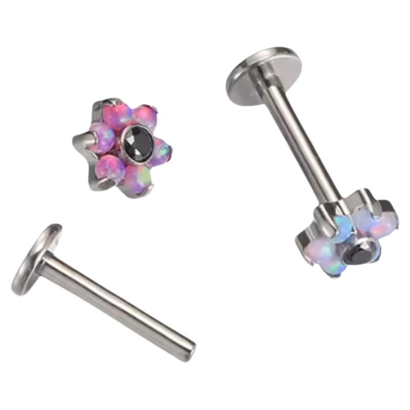 六瓣欧泊锆石花型耳钉 高抛光16g0.9内螺纹植入级钛合金 鼻眉唇钉
