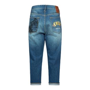 EVISU男士标志刺绣达摩潮流直筒休闲宽松七分时尚版型牛仔裤