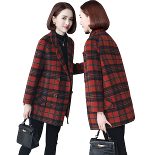 红色格子双面呢大衣女气质复古中年妈妈羊毛呢子外套2023秋冬新款