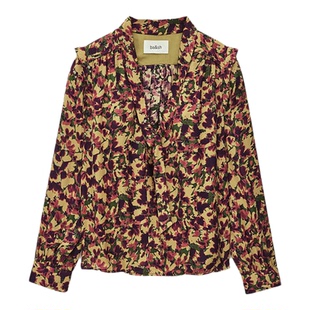 bash冬季法式复古印花V领系带气质女士长袖上衣1H25NALE