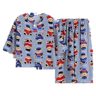 夏棉绸睡衣儿童宝宝男童绵绸圆领长袖宽松薄款套装人造棉家居服