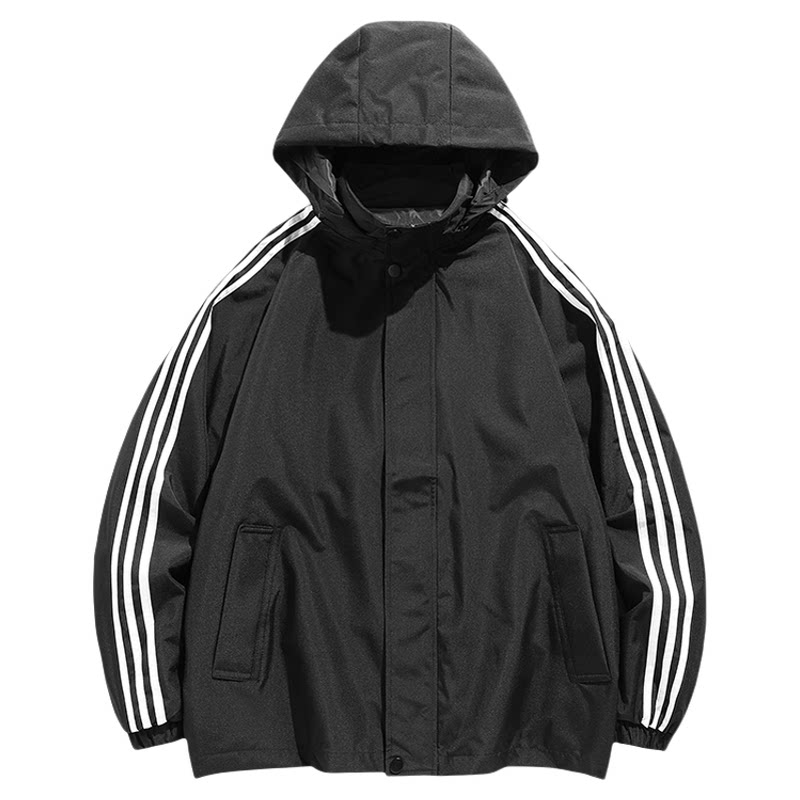 新款韩版百搭春秋款潮牌三条杠情侣连帽夹克宽松休闲运动秋装外套