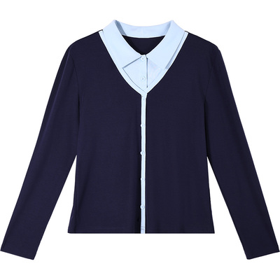 长袖t恤女春秋正肩假两件上衣