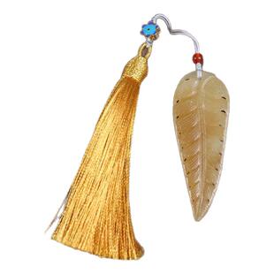 新疆和田白玉羽毛书签 黄玉吊坠 个性纯手工雕刻 男女礼物带证书