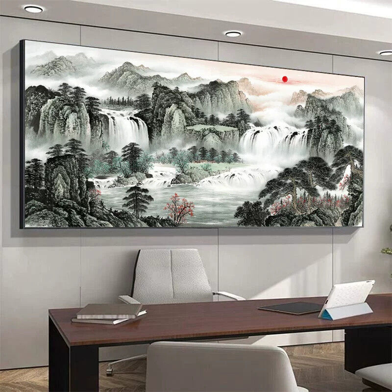 紫气东来靠山图办公室字画装饰风景山水客厅挂画国画沙发背景墙画