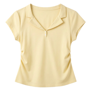 法式polo领短袖T恤女2026夏季新款奶黄色正肩高级感独特漂亮上衣