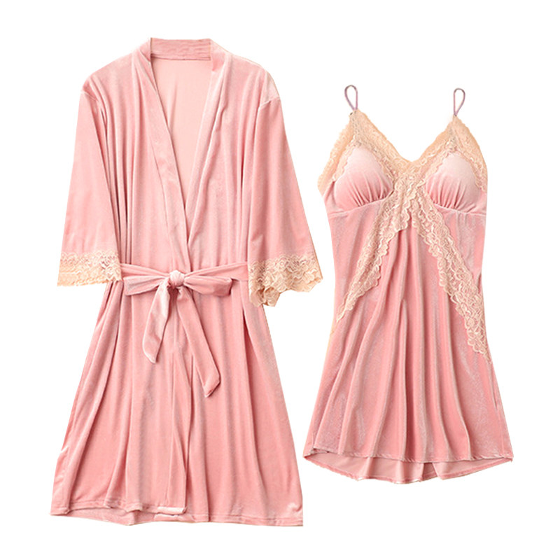 金丝绒睡衣女带胸垫吊带睡袍套装