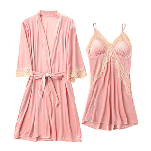 金丝绒睡衣女秋冬长袖睡袍春秋季性感蕾丝吊带睡裙袍带胸垫两件套
