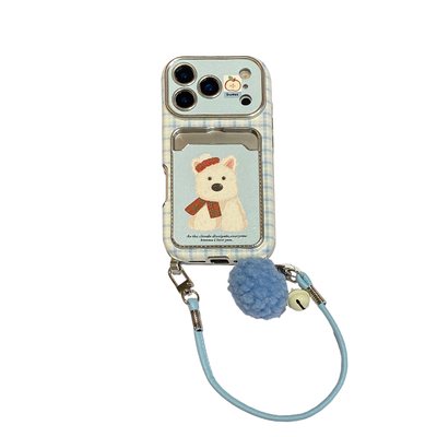 可爱蓝格纹西高地卡包适用于苹果17pro手机壳iphone16保护套14带挂绳13大视窗新款15promax全包max手机套高级