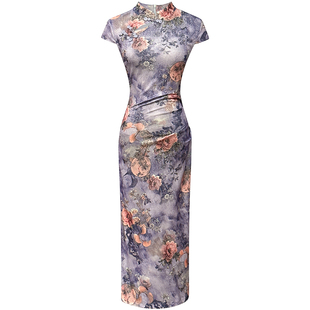 紫色印花国风改良版旗袍女夏季新款新中式复古绝美立领修身连衣裙