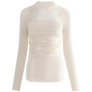 COCOBELLA设计感网纱拼接微透视薄纱打底衫半高领气质上衣TS3028