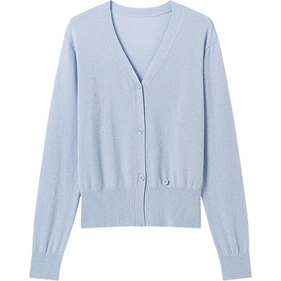 衣香丽影蓝色软糯羊绒针织开衫女
