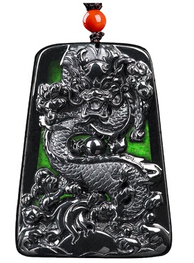 天然墨翠生肖龙牌玉石吊坠挂件