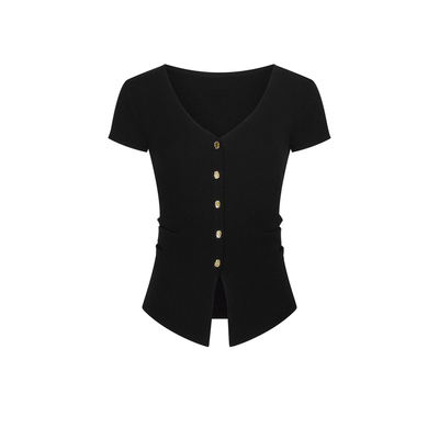 UR&DC2026春季新款魅力金属扣饰V领黑色短袖针织衫女修身短款上衣