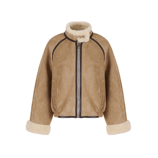 范洛Fano 冬日软绒麂皮肌理撞色包边短款棒球领皮毛一体外套女冬