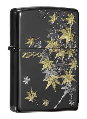 zippo打火机黑冰深雕金枫染秋