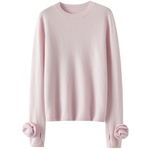 处处精致~手工花朵100%纯山羊绒衫女圆领羊绒毛衣针织打底衫秋冬