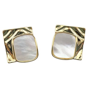 欧美风夸张金属褶皱耳钉银针高级感复古气质天然母贝耳环方形耳饰