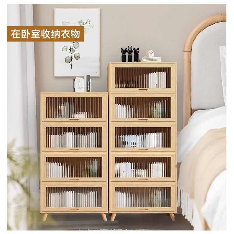 实木上翻门书柜落地带门置物架家用儿童客厅多层收纳柜靠墙储物柜