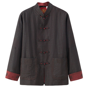 高端香云纱男装外套黑色100%桑蚕丝真丝中老年龟裂纹休闲唐装上衣