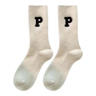 冬季羊绒袜子女中筒袜秋冬款加厚加绒保暖堆堆袜ins潮P字母羊毛袜