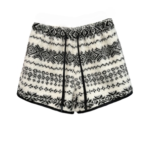 费尔岛秋冬加厚羊羔毛高腰松紧抽绳A字保暖阔腿焦糖色休闲短裤女