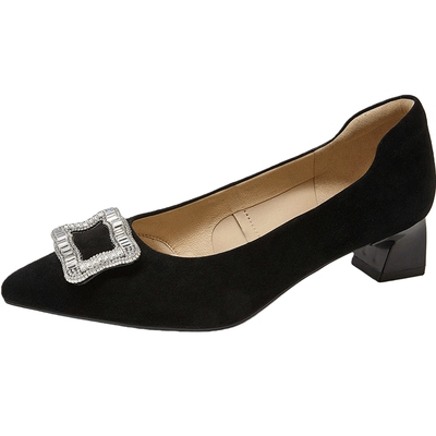 康莉水钻尖头粗跟单鞋宴会鞋