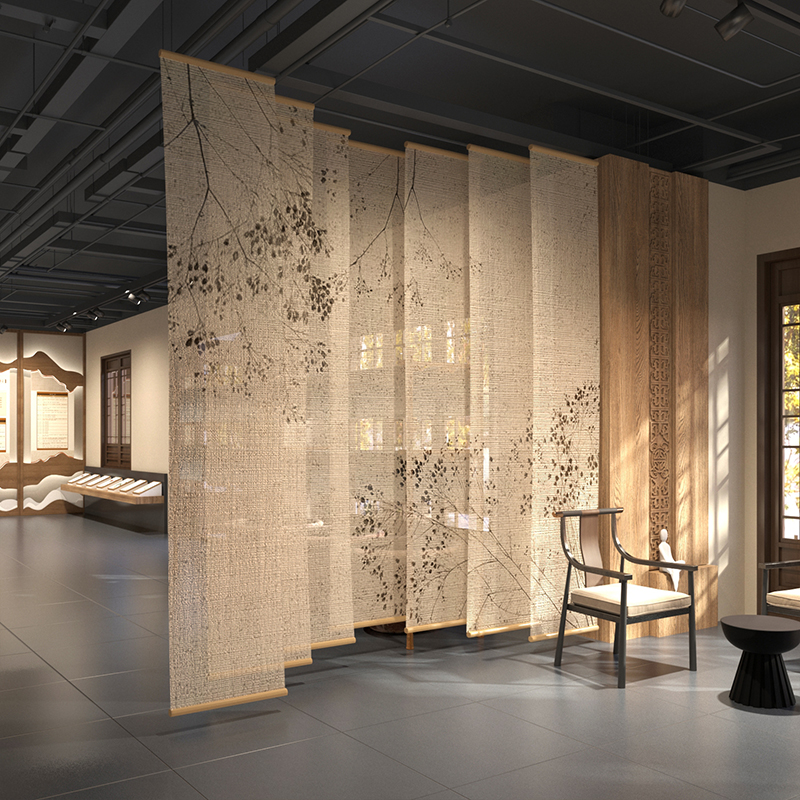 新中式卷帘窗帘升降遮光办公室屏风软隔断半透明竹子宋氏美学挂帘