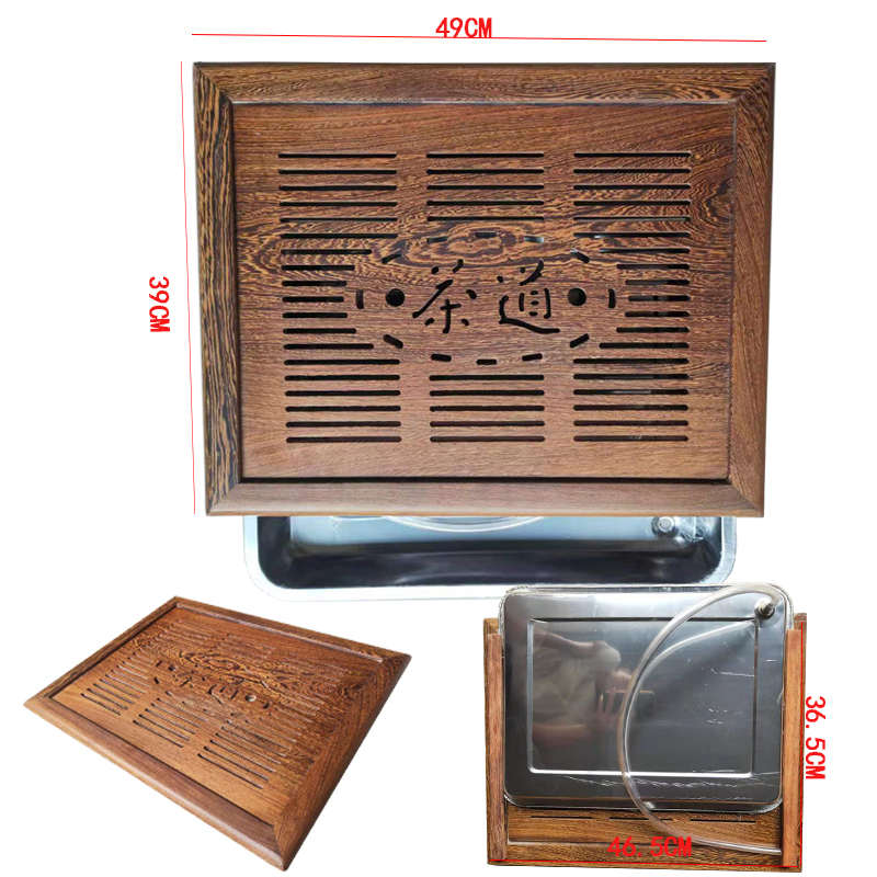 大理石玻璃茶桌鸡翅木实木茶桌树脂盖边式欧式茶盘家用不锈钢托盘