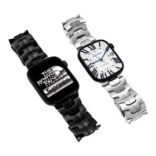 适用苹果手表S11/10钢铁侠实心表带iWatchSE不锈钢钛金属表带applewatch96新款百搭商务钢表带ultra2/8/7男女