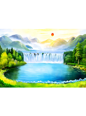 聚财装饰画流水生财山水画客厅背景墙横版聚宝盆风景画自粘画挂画