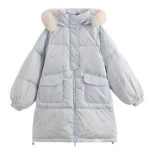 森女部落甜美90%绒子白鸭绒连帽羽绒服女中长款25冬三防宽松外套