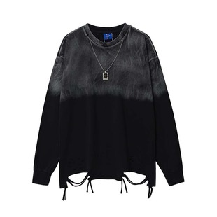 嘻哈风长袖T恤男潮牌项链装饰破洞流苏水洗宽松痞帅撞色渐变上衣t