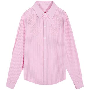 落落狷介 2025年开春新款上衣小个子粉色刺绣设计感条纹衬衫长袖