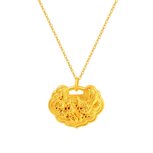 老庙黄金足金喜上眉梢吊坠挂坠5D喜鹊梅花如意锁包中式好寓意礼物