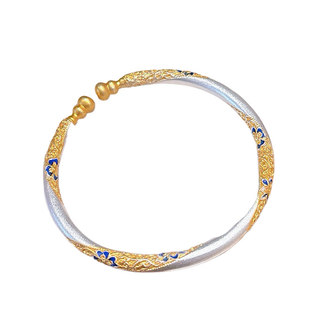 足银999.9描金景泰蓝葫芦开口手镯新中式古法磨砂纯银珐琅彩手饰