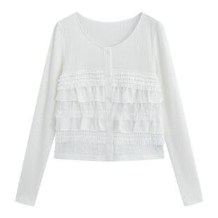 Marc Moore 2025秋季新款蕾丝荷叶边层叠开衫慵懒风蕾丝拼接开衫