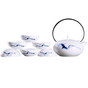 红官窑高白玉瓷功夫茶具手绘釉下彩醴陵陶瓷套装家用茶壶茶杯行云