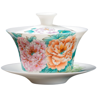 妙莲天香庄晓明《富贵满堂》超薄胎三才盖碗高档羊脂玉瓷茶具茶碗