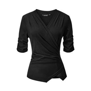 颜域黑色收腰衬衫女士春季2026新款时尚小衫简约衬衣长袖V领上衣