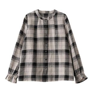 梭家｜时间变长｜踏春纯亚麻格纹圆领长袖衬衫女宽松正肩上衣百搭