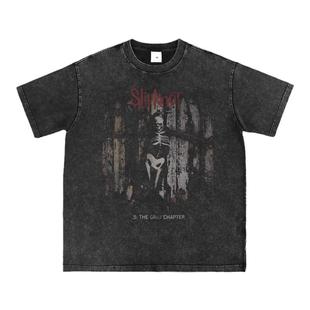 Slipknot摇滚乐队活结水洗做旧灰复古美式街头朋克宽松长短袖T恤