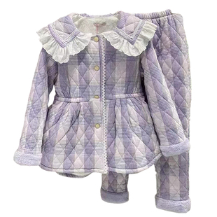 睡衣女士冬季三层夹棉加厚加绒保暖珊瑚绒甜美法兰绒可外穿家居服