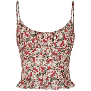 ITSNIKAR 法式碎花褶皱吊带背心女夏季荷叶边纽扣设计美背短上衣