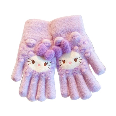 可爱豹纹毛绒手套女冬季加厚保暖防寒露指可触屏骑行学生加绒蓝色