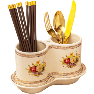 欧式筷子桶陶瓷刀叉勺收纳盒罐家用创意双筒筷子筒沥水厨房置物架