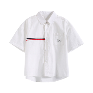 罗蒙男童白色短袖衬衫学院风衬衣2026夏季新款纯棉翻领校园服上衣